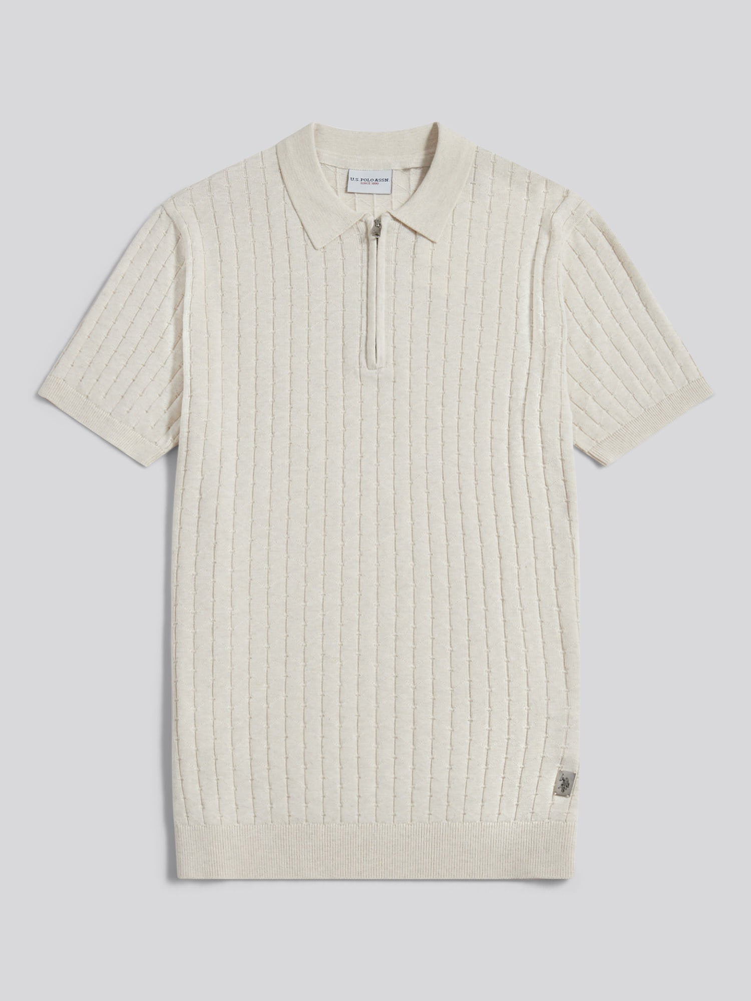 Mens Zip Knit Short Sleeve Polo Shirt Birch Marl