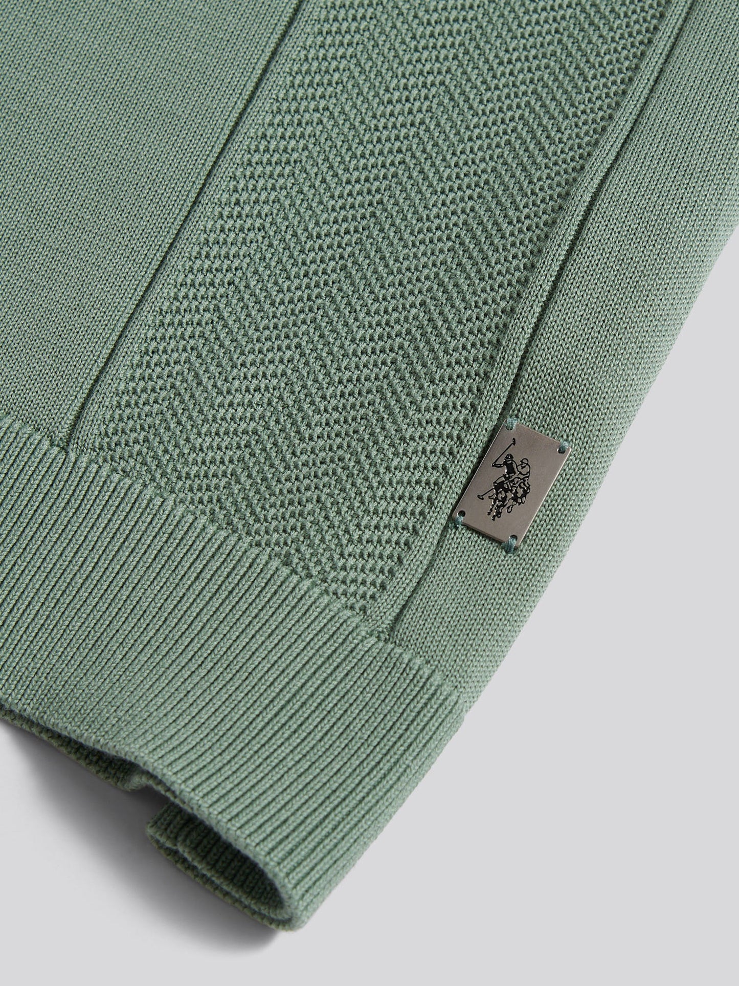 Mens Wide Texture Zip Knit Polo Shirt Green Bay