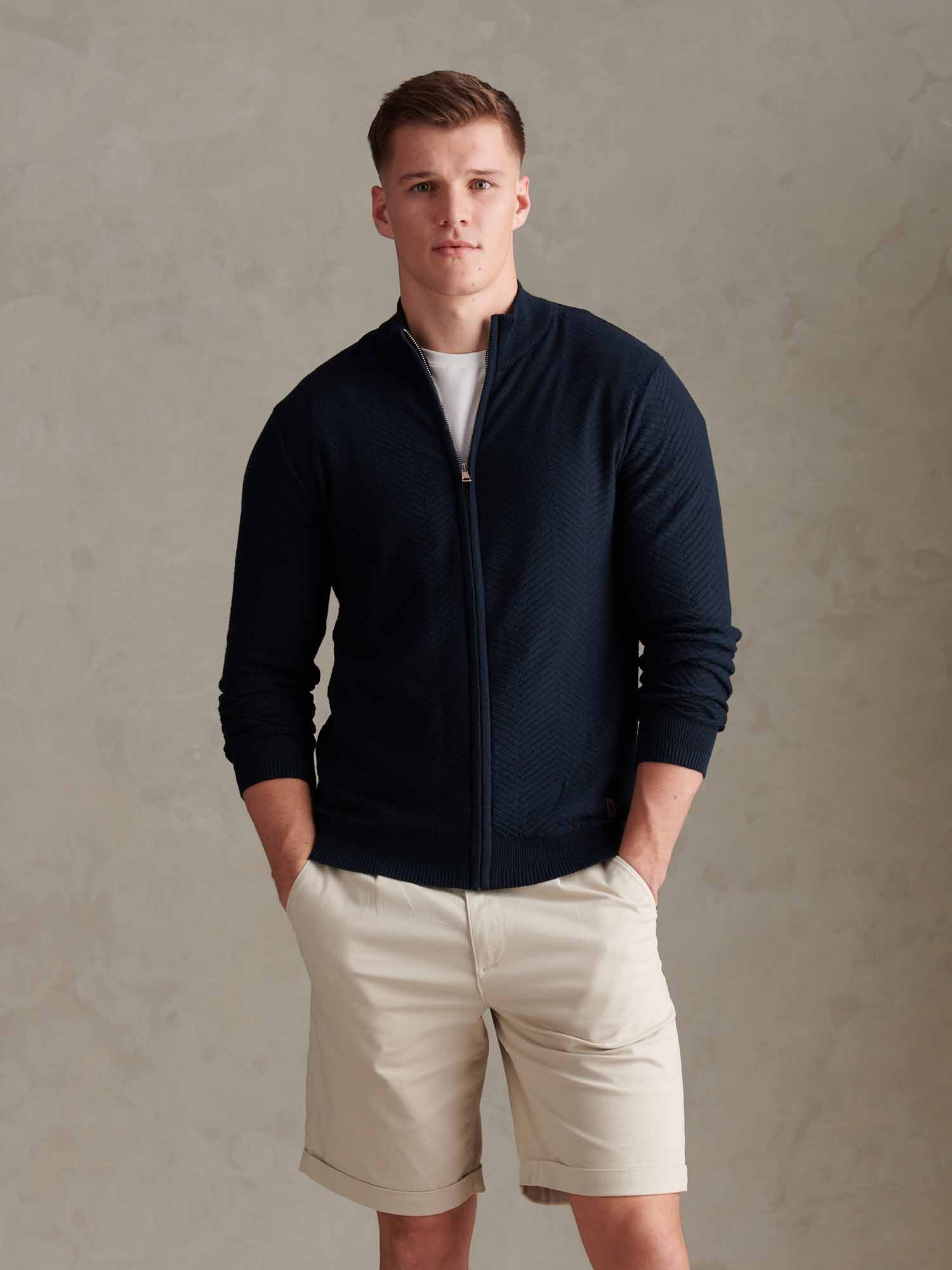 Mens Herringbone Full Zip Funnel Jumper Dark Sapphire Navy