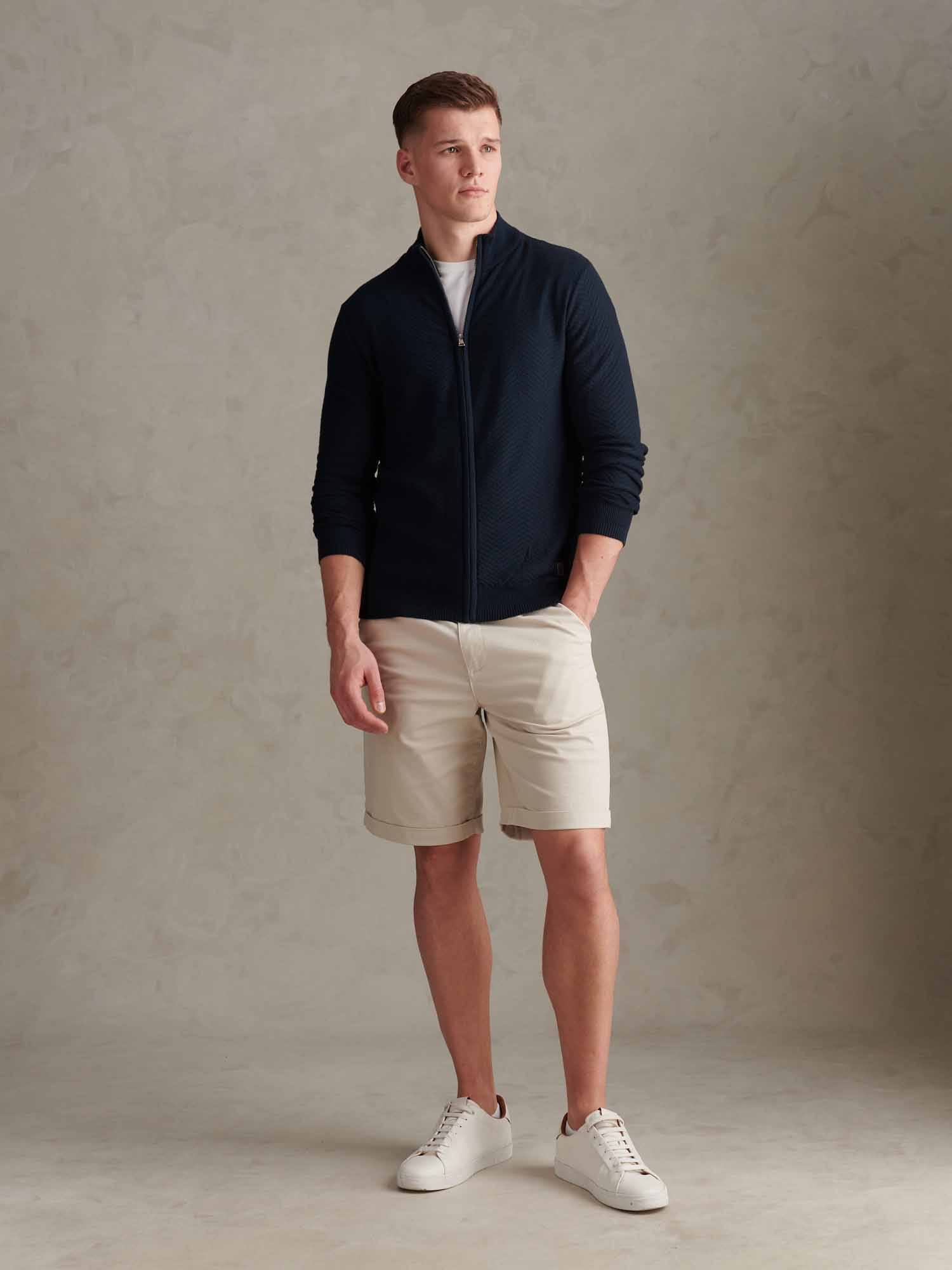 Mens Herringbone Full Zip Funnel Jumper Dark Sapphire Navy