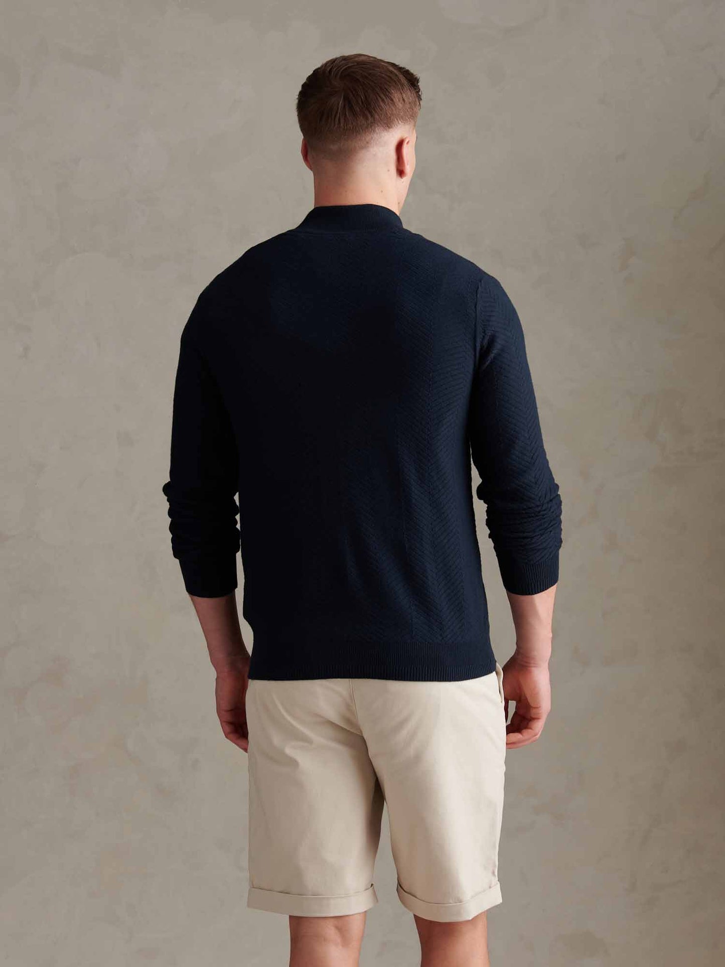 Mens Herringbone Full Zip Funnel Jumper Dark Sapphire Navy