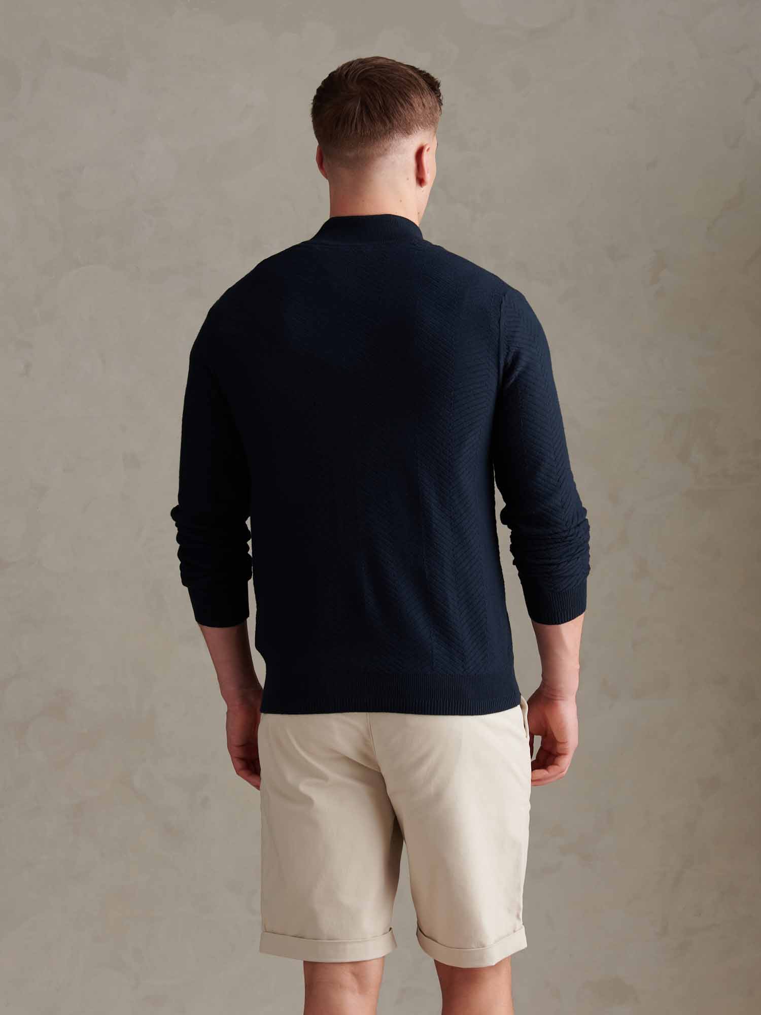 Mens Herringbone Full Zip Funnel Jumper Dark Sapphire Navy