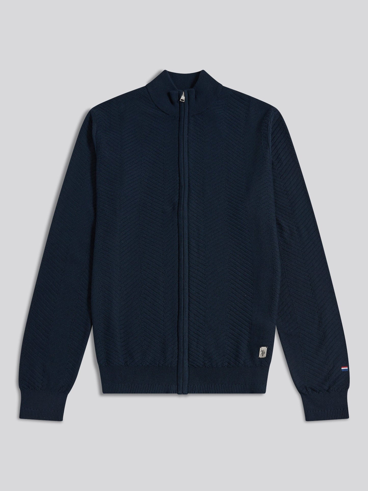Mens Herringbone Full Zip Funnel Jumper Dark Sapphire Navy
