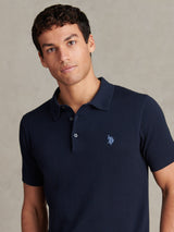 Mens Moss Stitch Knit Polo Shirt Dark Sapphire Navy