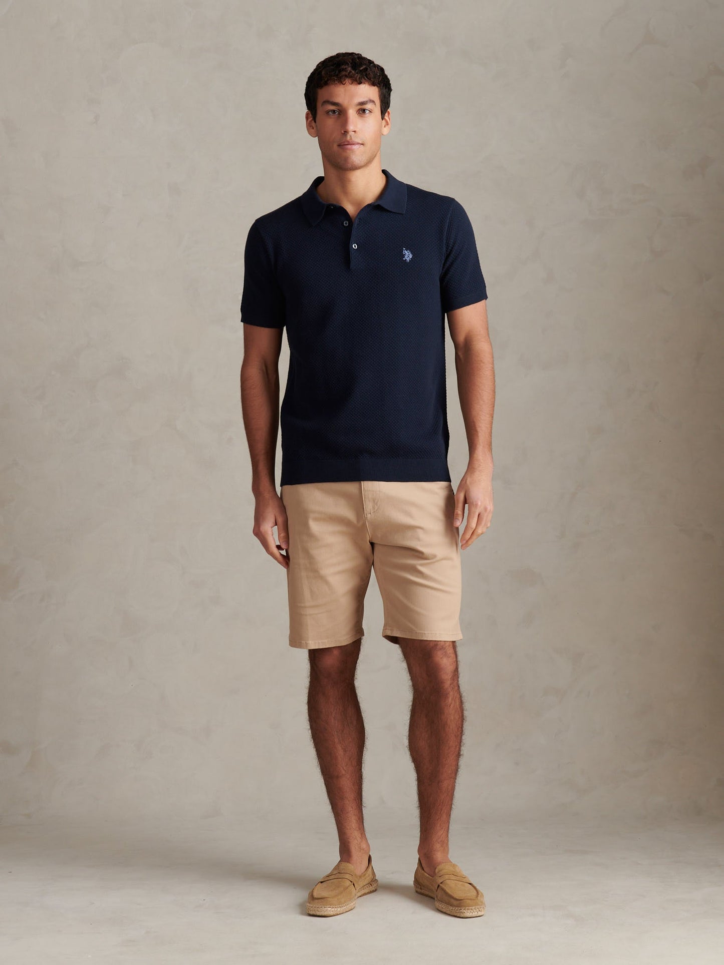 Mens Moss Stitch Knit Polo Shirt Dark Sapphire Navy