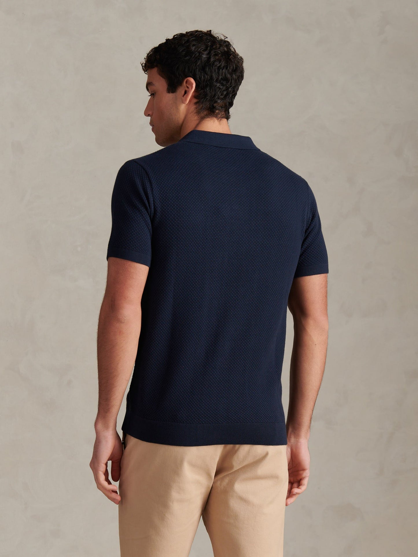 Mens Moss Stitch Knit Polo Shirt Dark Sapphire Navy