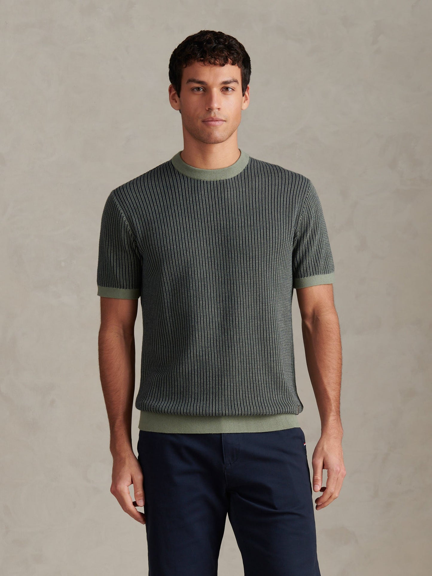Mens Cotton Vertical Texture Knit T-Shirt Sea Spray