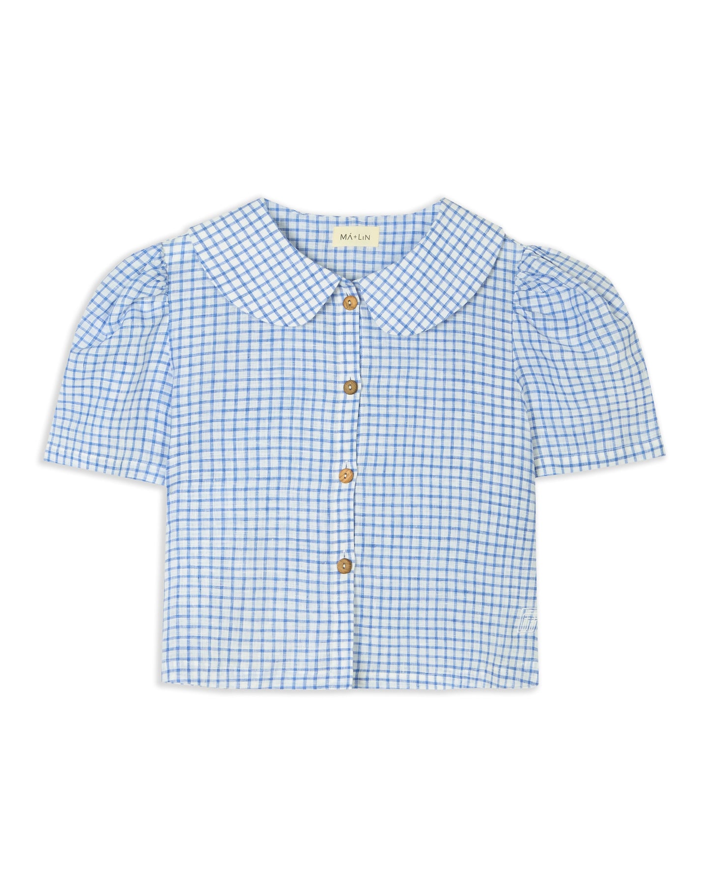 Frances Linen Cropped Blouse  - Royal Blue Gingham - Some sizes are on pre-order for delivery from April 2026