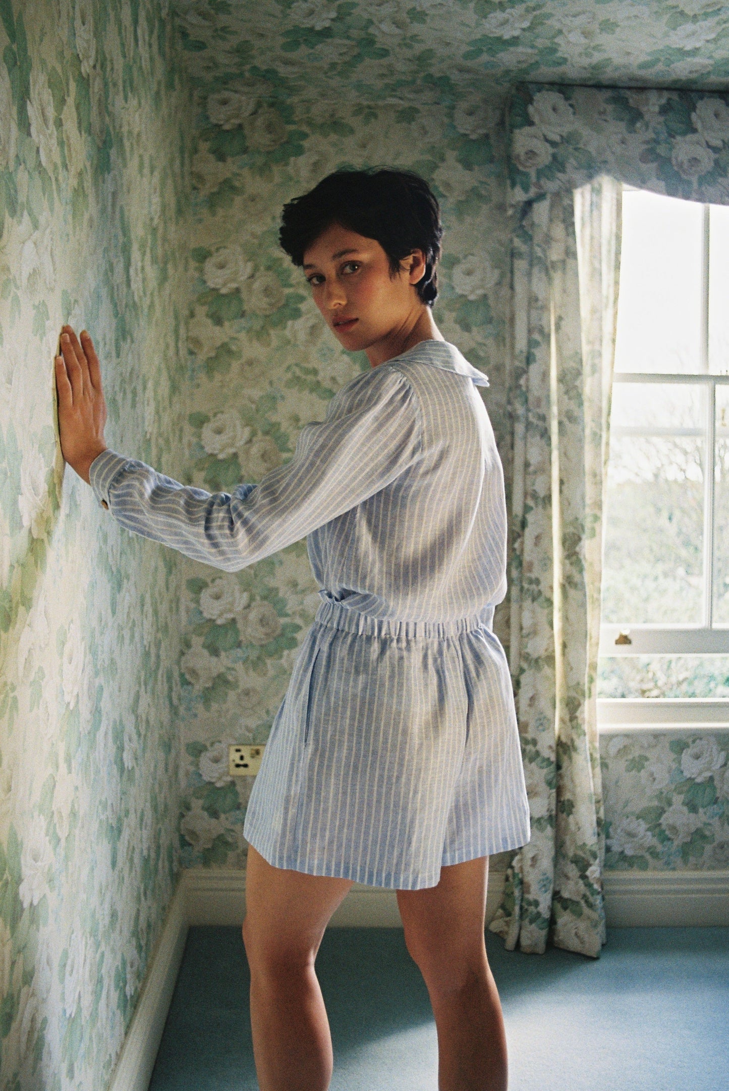 Olivia Linen Shorts - Baby Blue Stripe