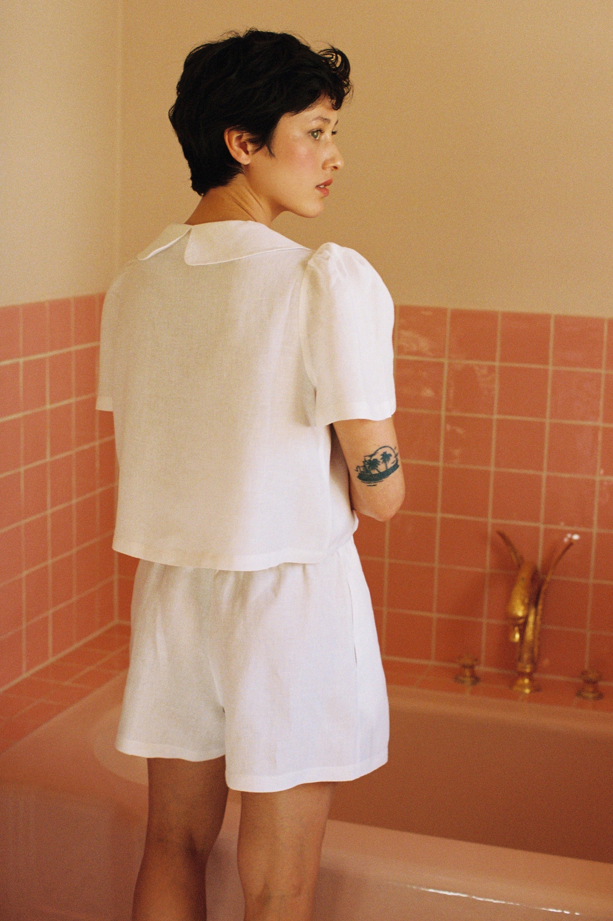 Frances Linen Cropped Blouse  - White - Some sizes are on pre-orders shipping from April 2026