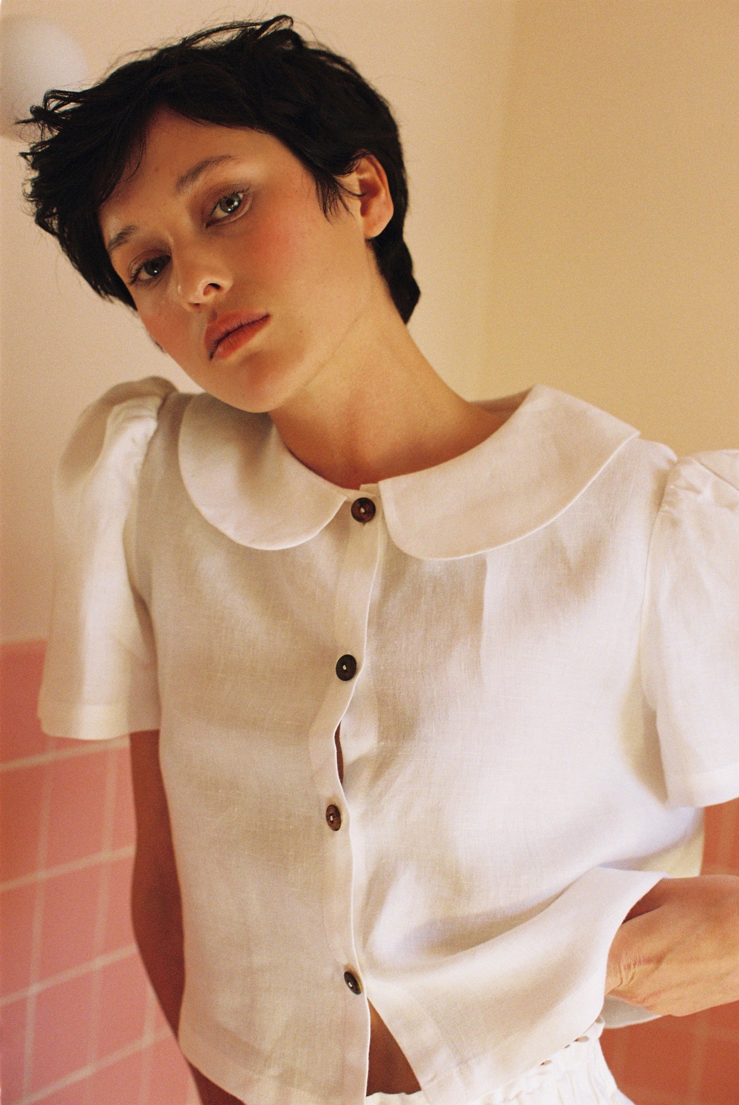 Frances Linen Cropped Blouse  - White - Some sizes are on pre-orders shipping from April 2026
