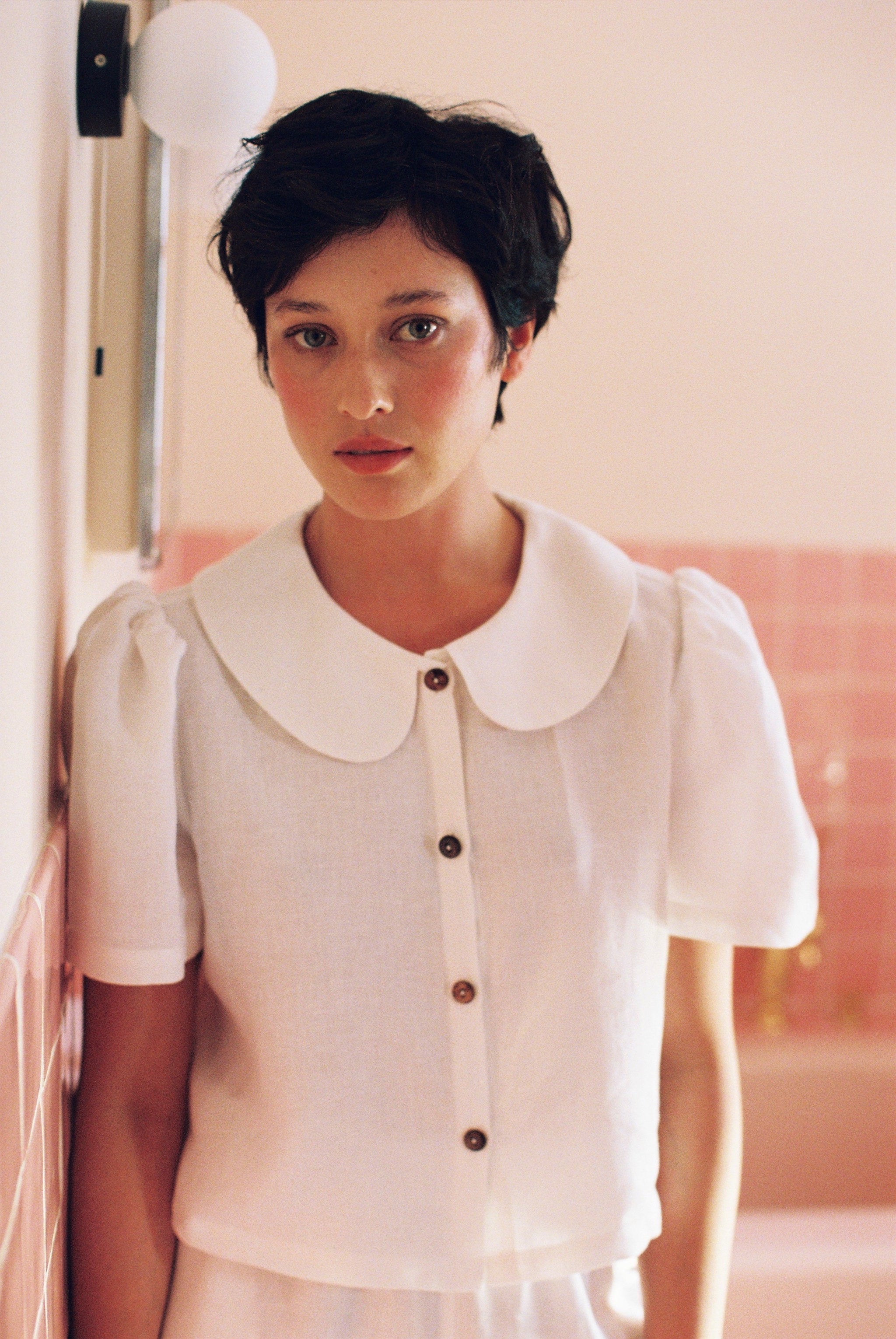 Frances Linen Cropped Blouse  - White - Some sizes are on pre-orders shipping from April 2026