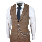 STZ73 - Men's 3 Piece Suit Wool Tweed Herringbone Tan Brown Blue Check 1920s Gatsby Formal Dress Suits