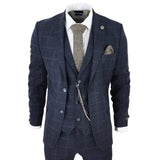 STZ72 - Men's 3 Piece Suit Wool Tweed Navy Blue Brown Check 1920s Gatsby Formal Dress Suits