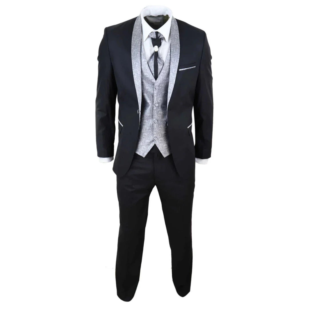 Sal-Yaica - Men's 4 Piece Wedding Suit Groom Shawl Collar Black Silver Cravat
