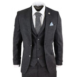 STZ14 - Men's Wool 3 Piece Suit Tweed Charcoal Black Classic
