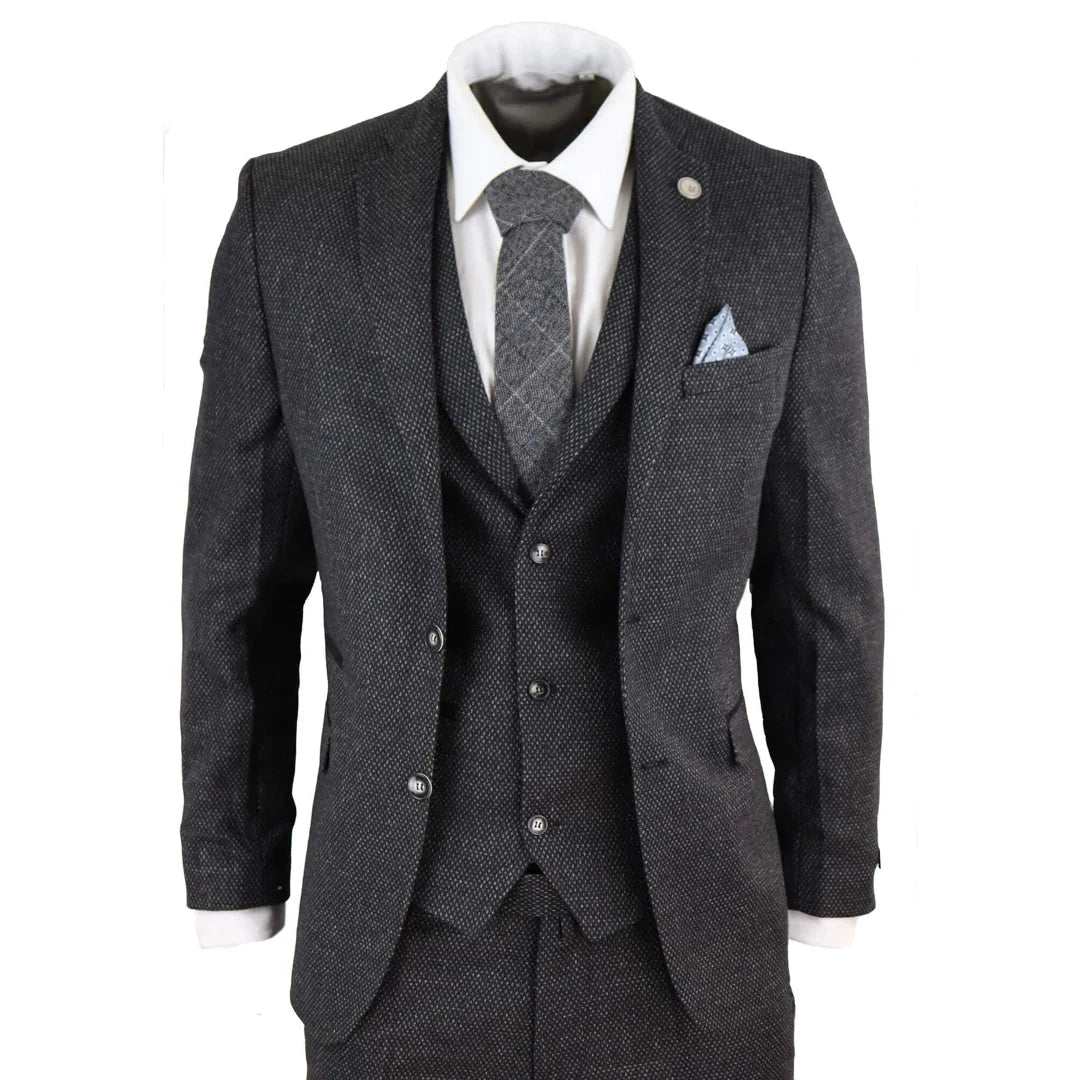 STZ14 - Men's Wool 3 Piece Suit Tweed Charcoal Black Classic
