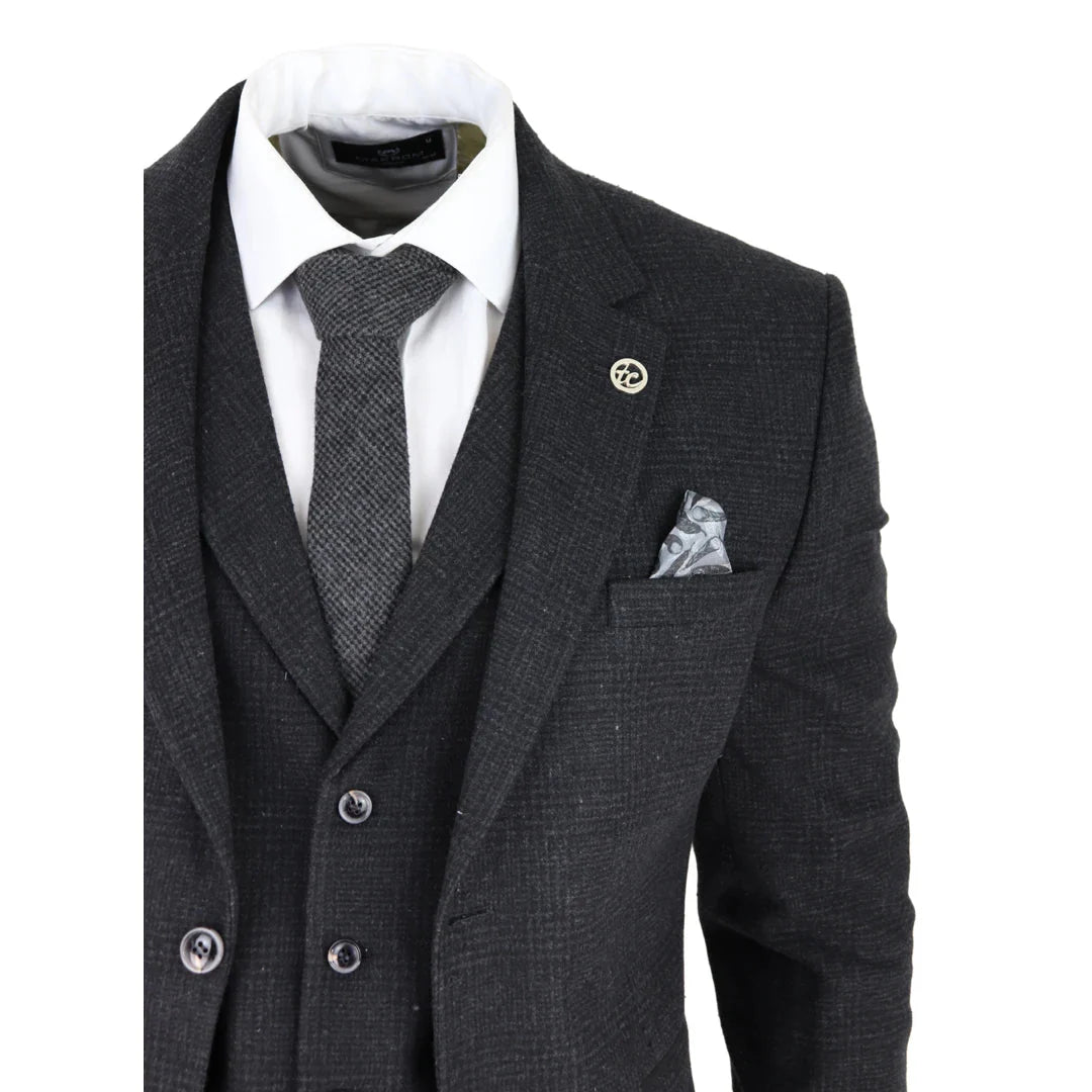 AK-11 - Men's Black Tweed 3 Piece Suit Check 1920s Gatsby Blinders