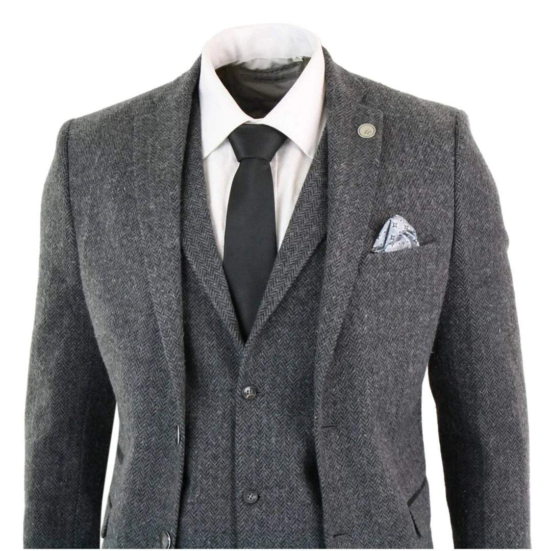 STZ11 - Men's Grey Black 3 Piece Tweed Suit Herringbone Wool