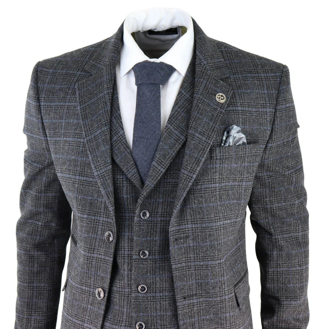 AK-12 - Men's Grey Tweed 3 Piece Suit Blue Check 1920s Gatsby Blinders