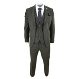 STZ11 - Men's Wool 3 Piece Suit Tweed Olive Green Black Classic