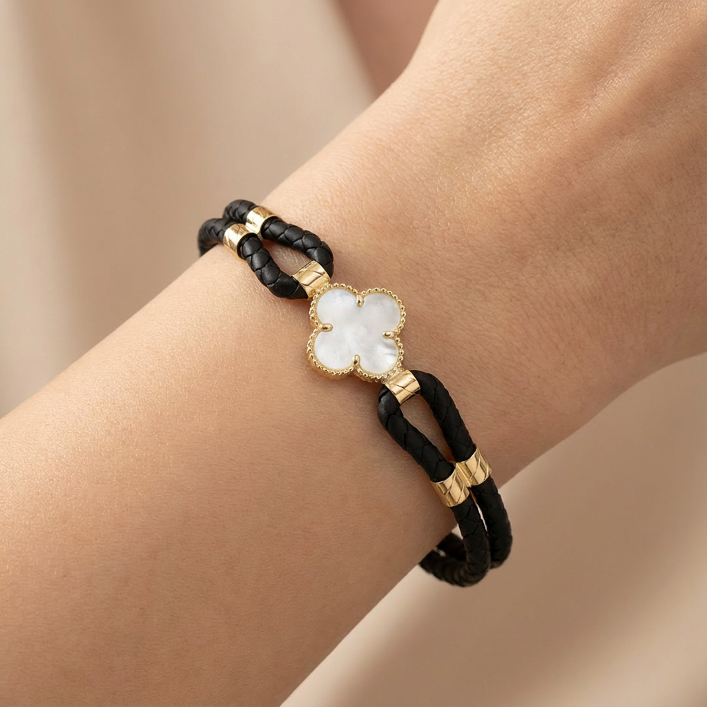 Mother of Pearl Clover Braided Gold Bracelet