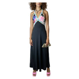 1970's Original Vintage Black Leonard Floral Print Halter Neck Dress UK 8 - 10