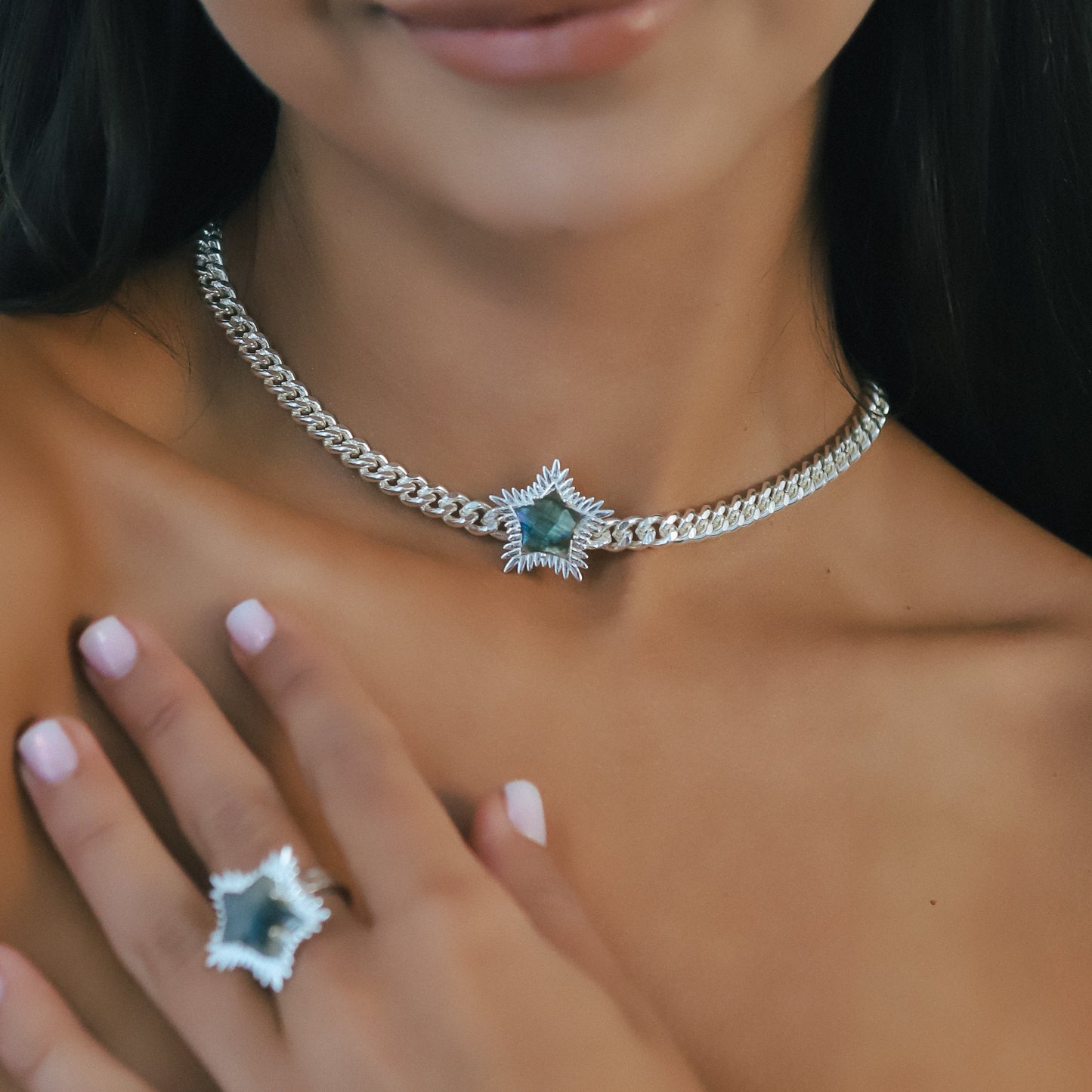 Odette Labradorite Spiky Star Choker Necklace | 925 Sterling Silver