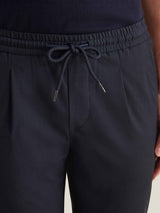 Single-Pleat Drawstring Travel Trousers in Navy Blue