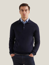 Jersey Knit Long Sleeve Polo Shirt in Dark Sapphire Navy