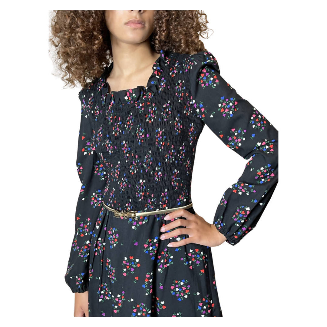 Original 1970's Vintage Black Maxi Dress With Floral Print UK 10 - 12