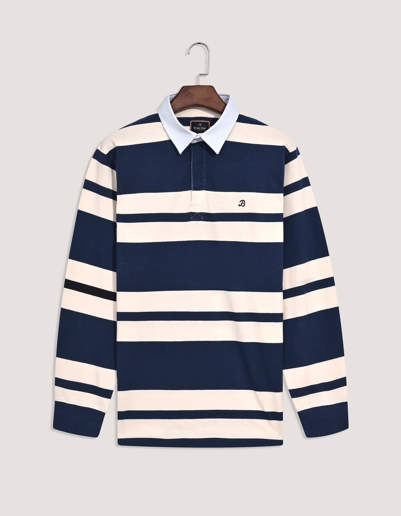 Navy Relaxed Fit Rugby Shirt with Cream Stripes