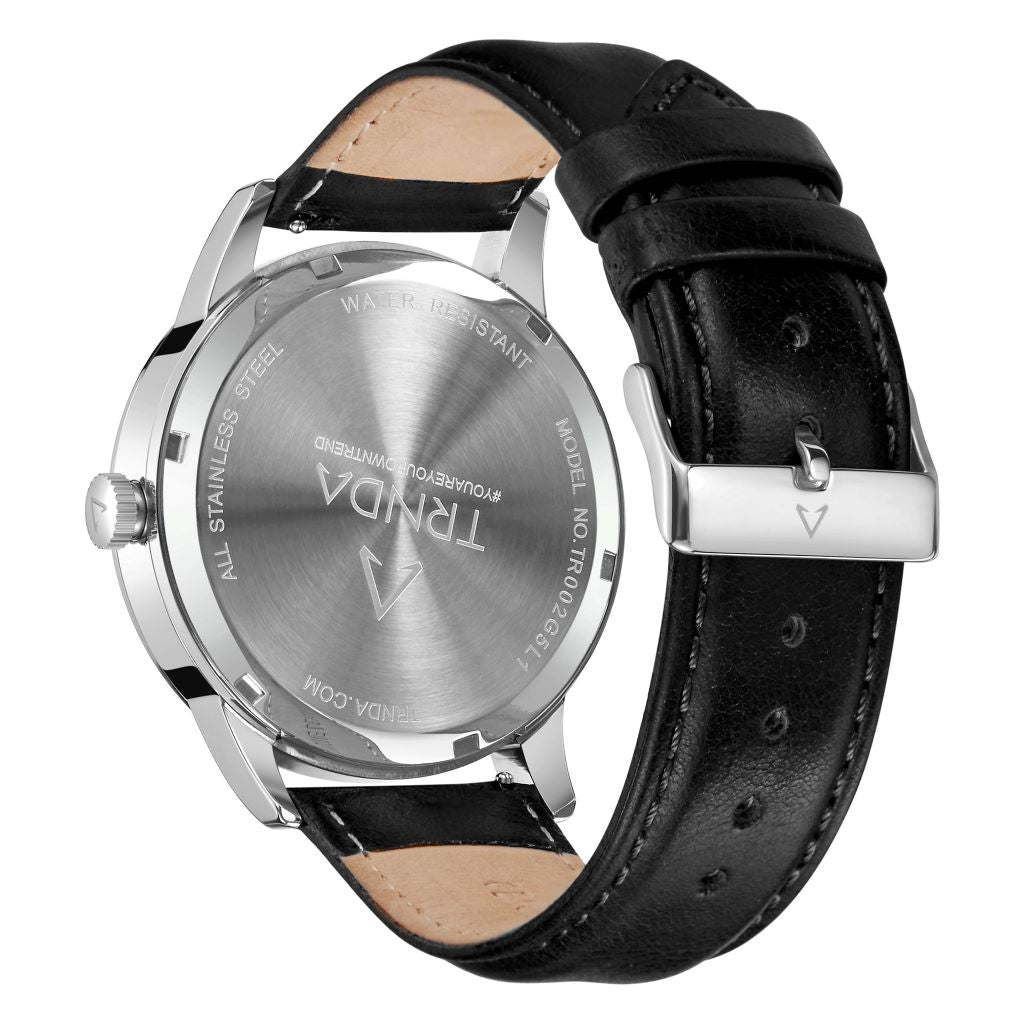 Trnda Men's Stainless Steel Watch, Black Leather Band | Trn-43sl