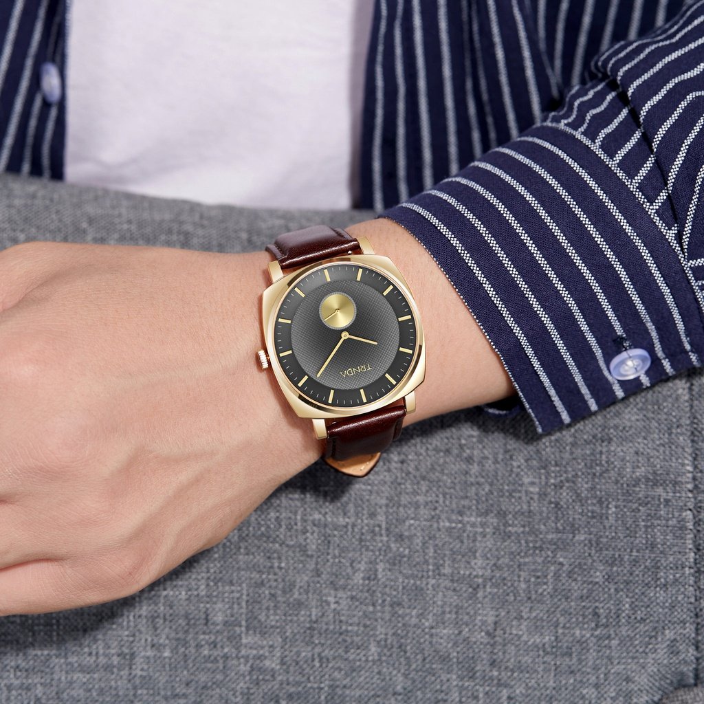 Trnda Men's Gold Stainless Steel Watch, Brown Leather | Trn-001