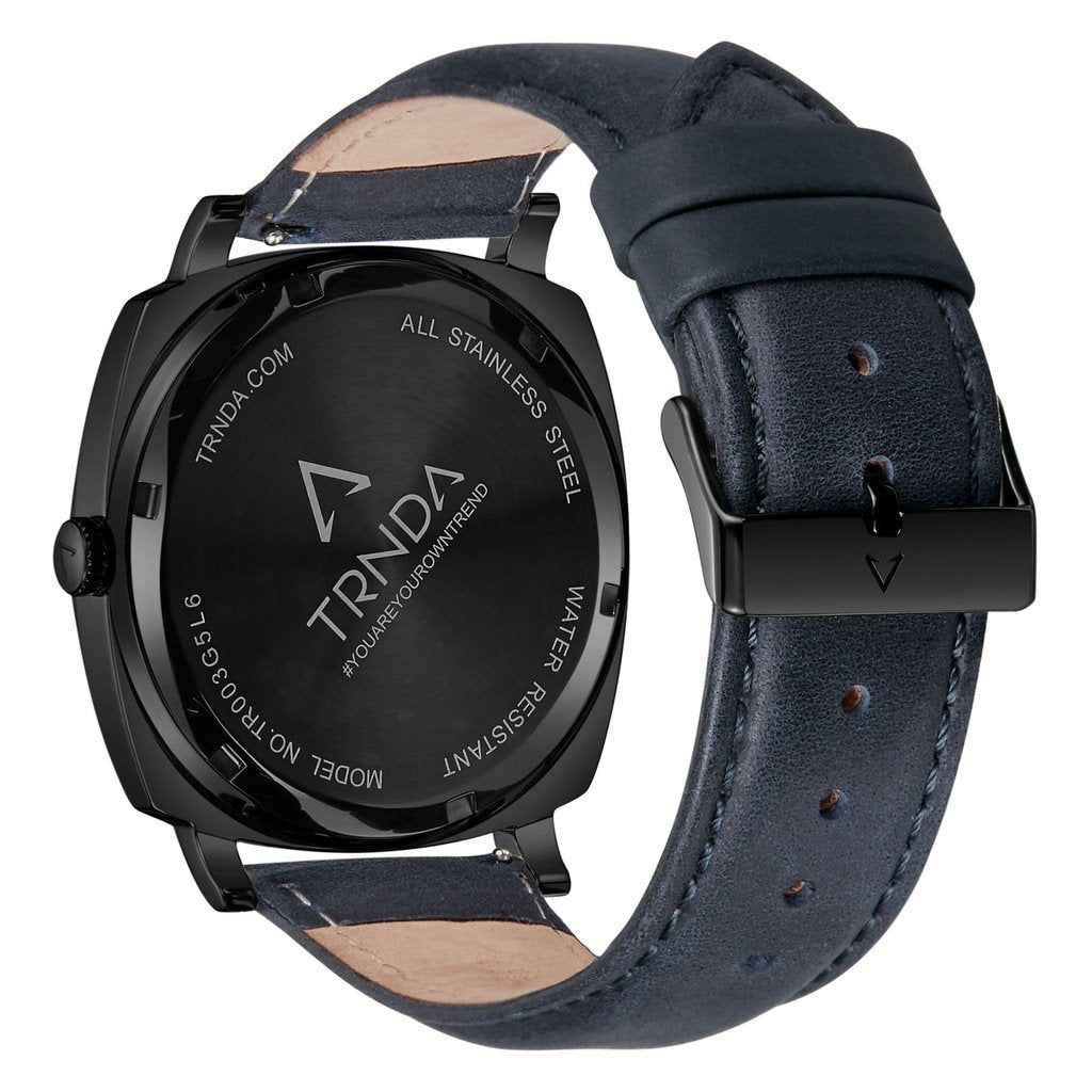 Trnda Men's Black Stainless Steel Watch, Blue Leather Band | Trndbk45