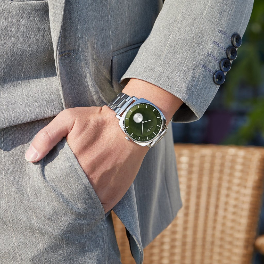 Trnda Men's Silver Stainless Steel Watch, Seaweed Green Dial | Trnda45mm
