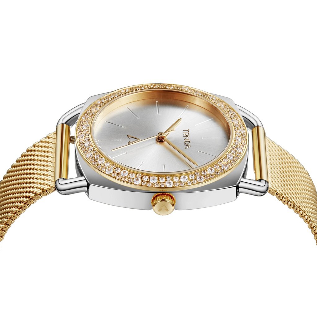 Trnda Women's Stainless Steel Gold Mesh Watch, Silver Dial | Trnda-35.8