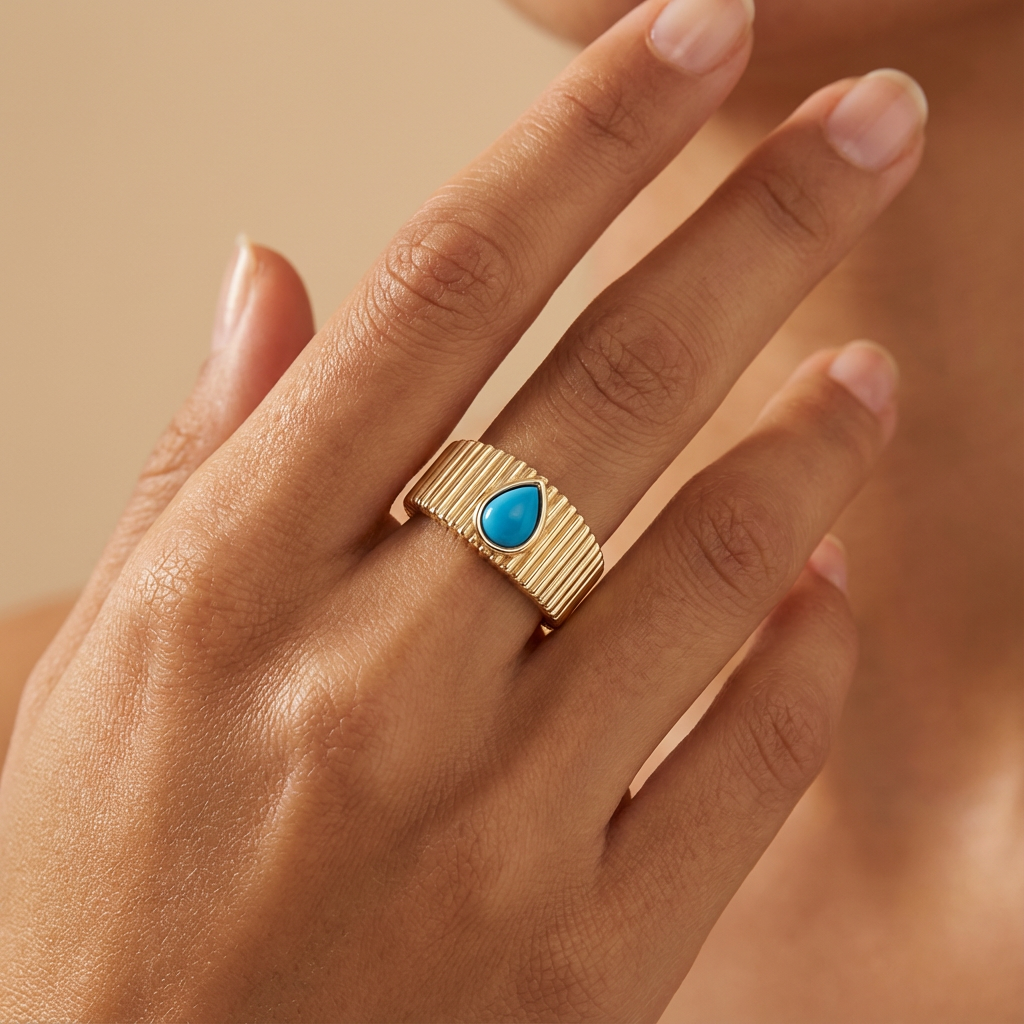 Turquoise Drop Textured Gold Band