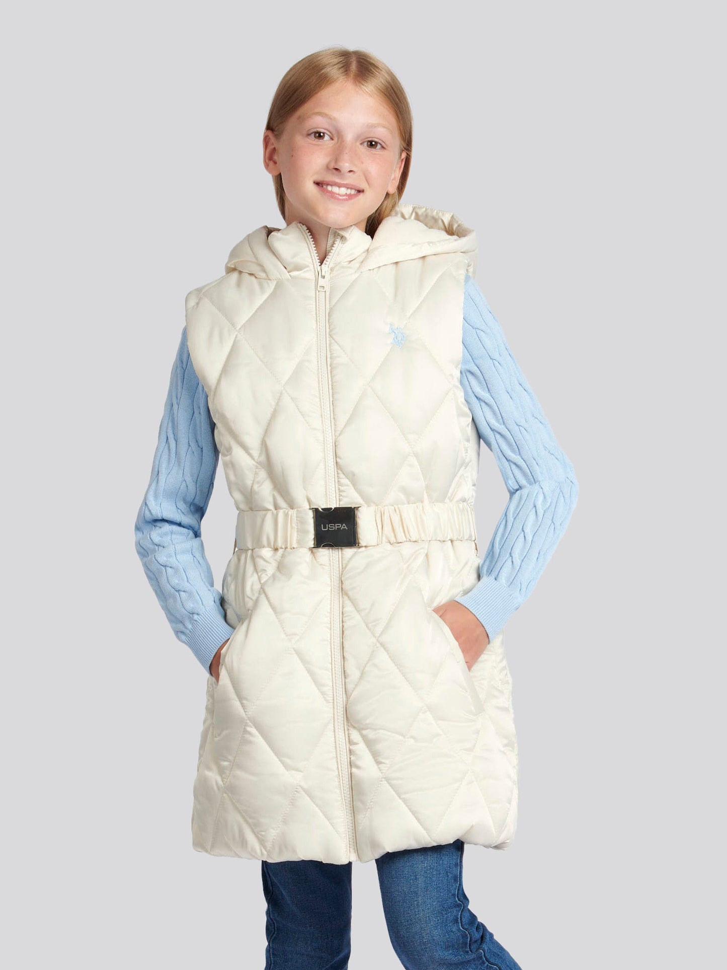 Girls Longline Puffer Gilet in Turtle Dove