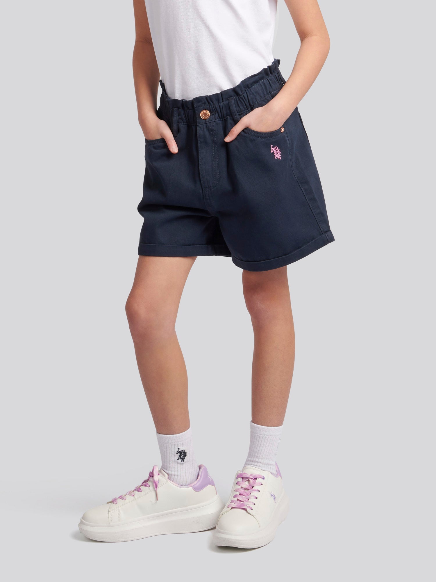 Girls Paperbag Waist Twill Shorts in Navy Iris
