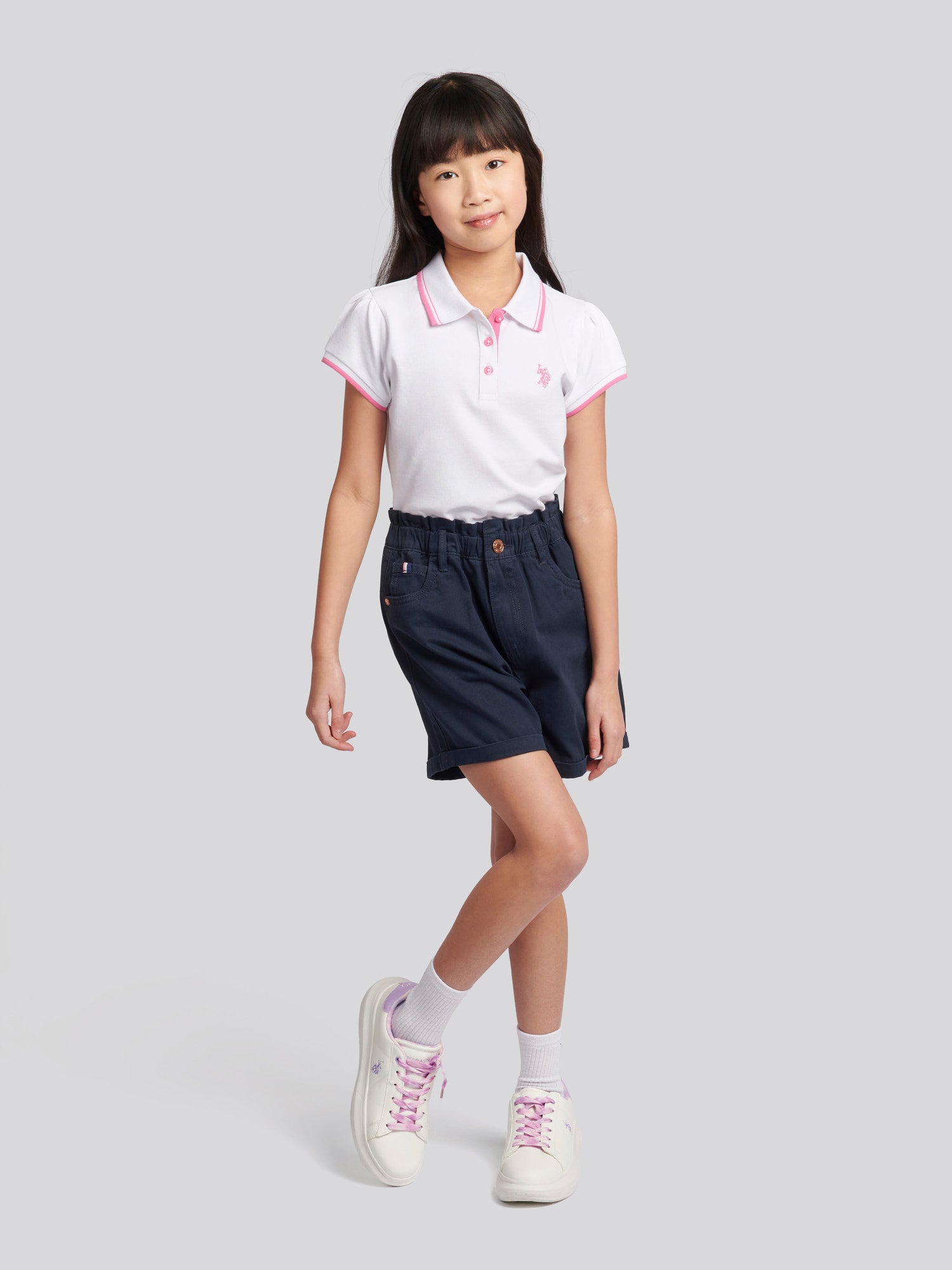 Girls Paperbag Waist Twill Shorts in Navy Iris