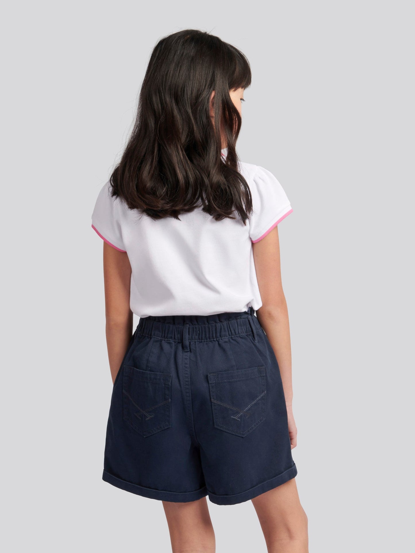 Girls Paperbag Waist Twill Shorts in Navy Iris
