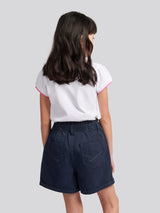 Girls Paperbag Waist Twill Shorts in Navy Iris