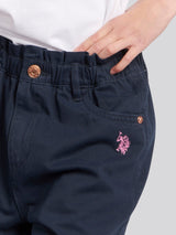Girls Paperbag Waist Twill Shorts in Navy Iris