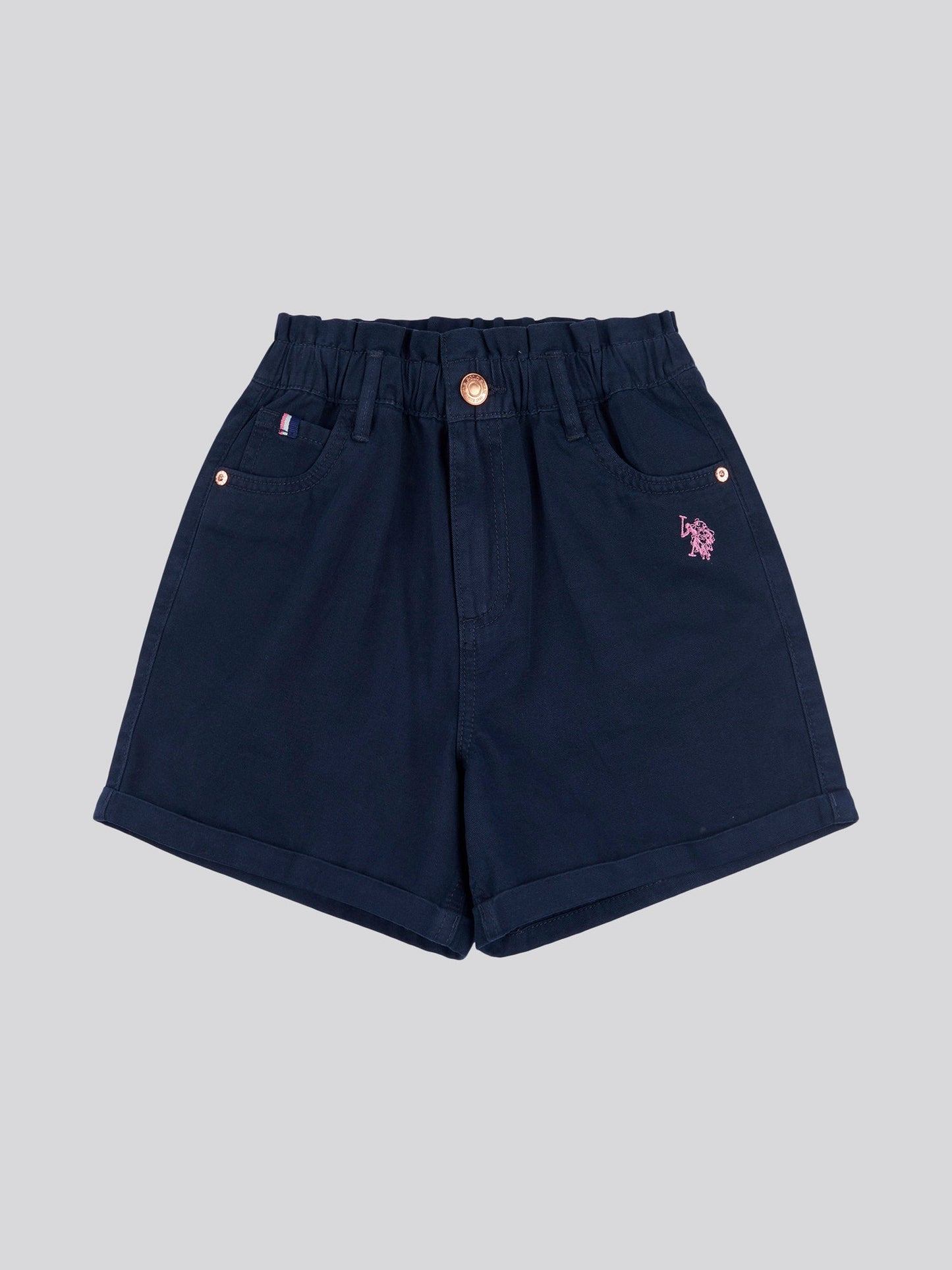 Girls Paperbag Waist Twill Shorts in Navy Iris