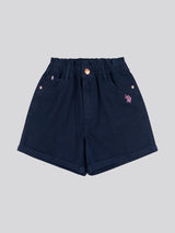 Girls Paperbag Waist Twill Shorts in Navy Iris