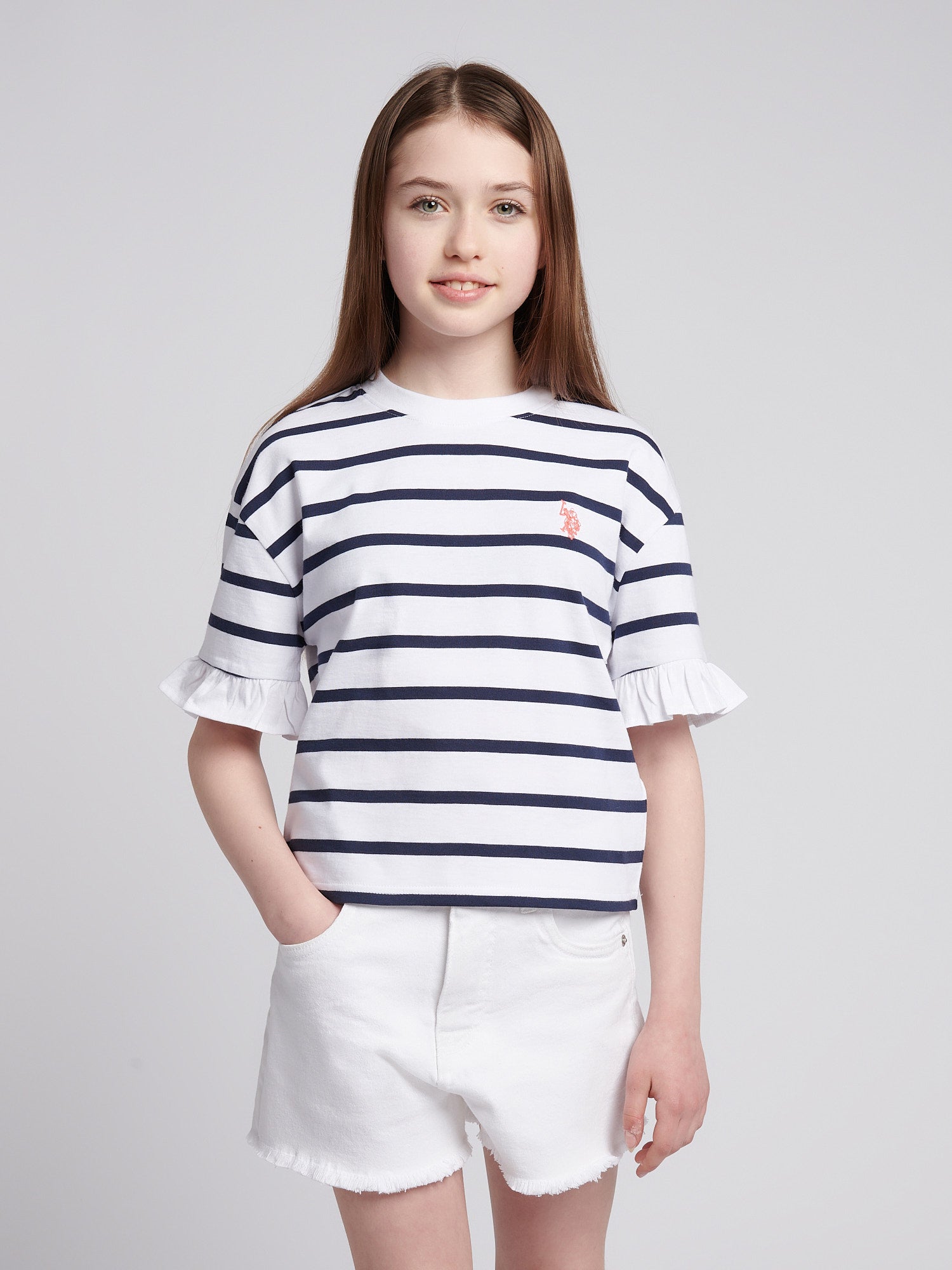 Girls Stripe Frill Cuff T-Shirt in Bright White