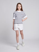 Girls Stripe Frill Cuff T-Shirt in Bright White