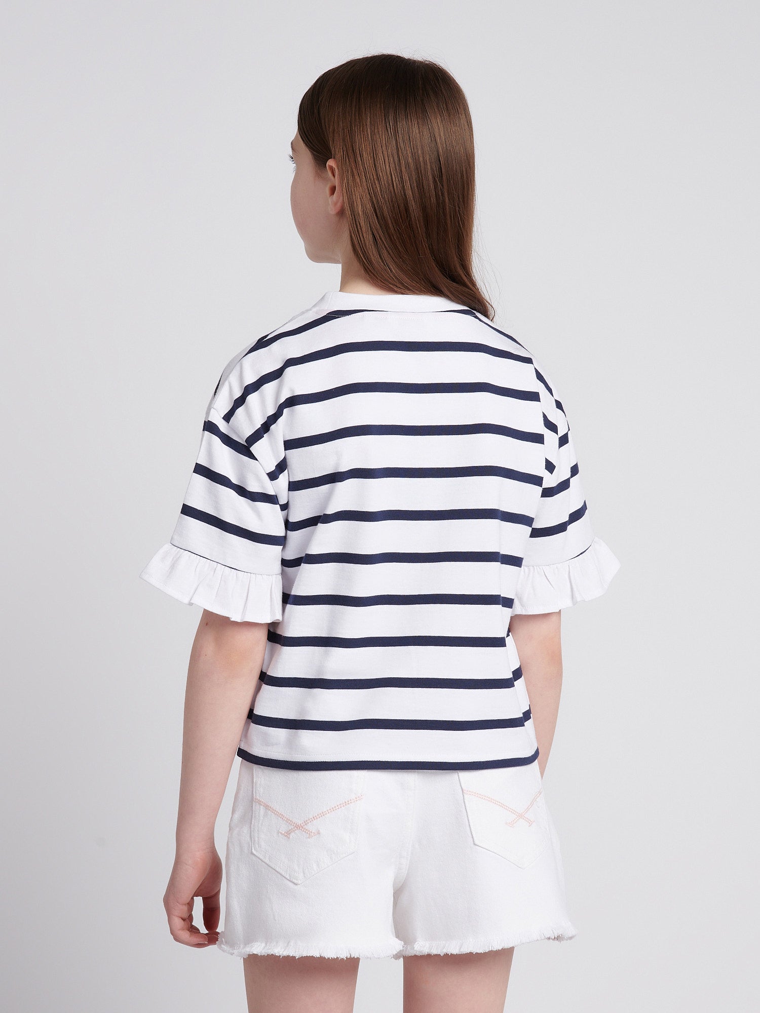 Girls Stripe Frill Cuff T-Shirt in Bright White