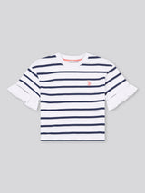 Girls Stripe Frill Cuff T-Shirt in Bright White